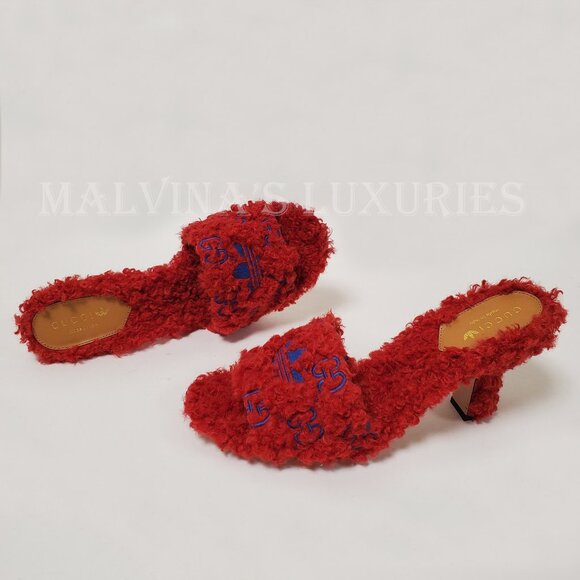 GUCCI SHOES ADIDAS TREFOIL GG LOGO SHEARLING EFFECT SLIDE SANDALS sz 39.5 9.5 - Picture 5 of 16